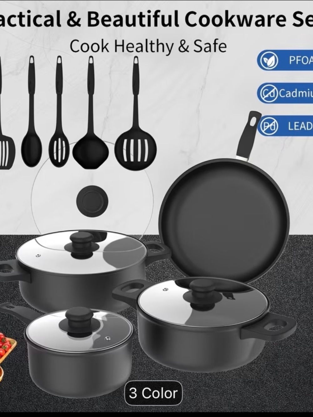 Nonstick Cookware Set with Lids and Utensils - Black